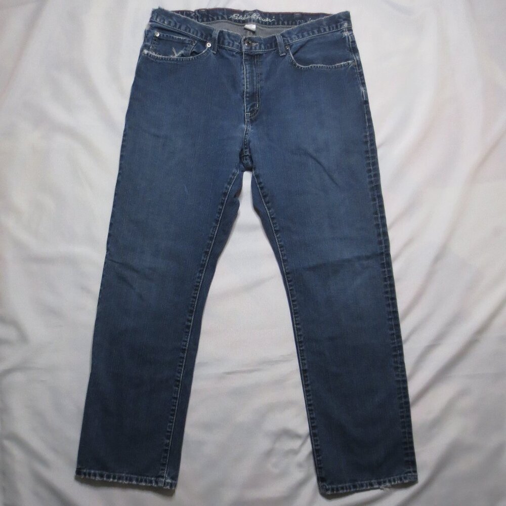 EDDIE BAUER mens JEANS blue STRAIGHT distressed DENIM SIZE 37